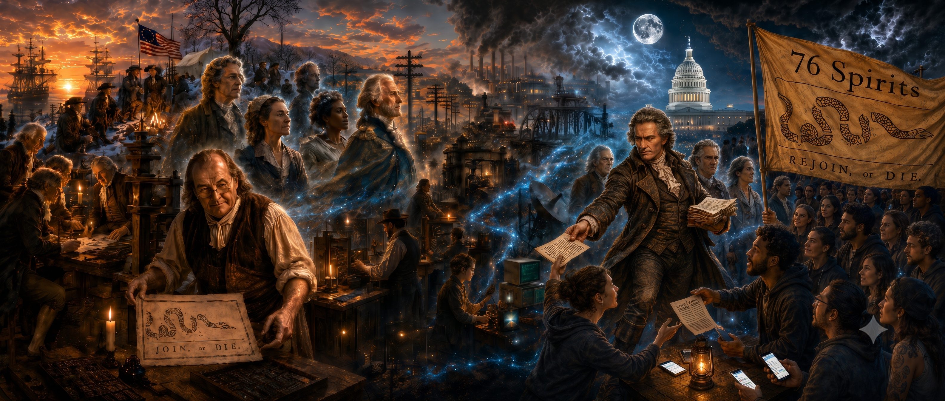 Franklin at his workbench, the machine's lightning crossing 250 years from the print shop to the Capitol, the Spirits arriving under the 76 Spirits flag