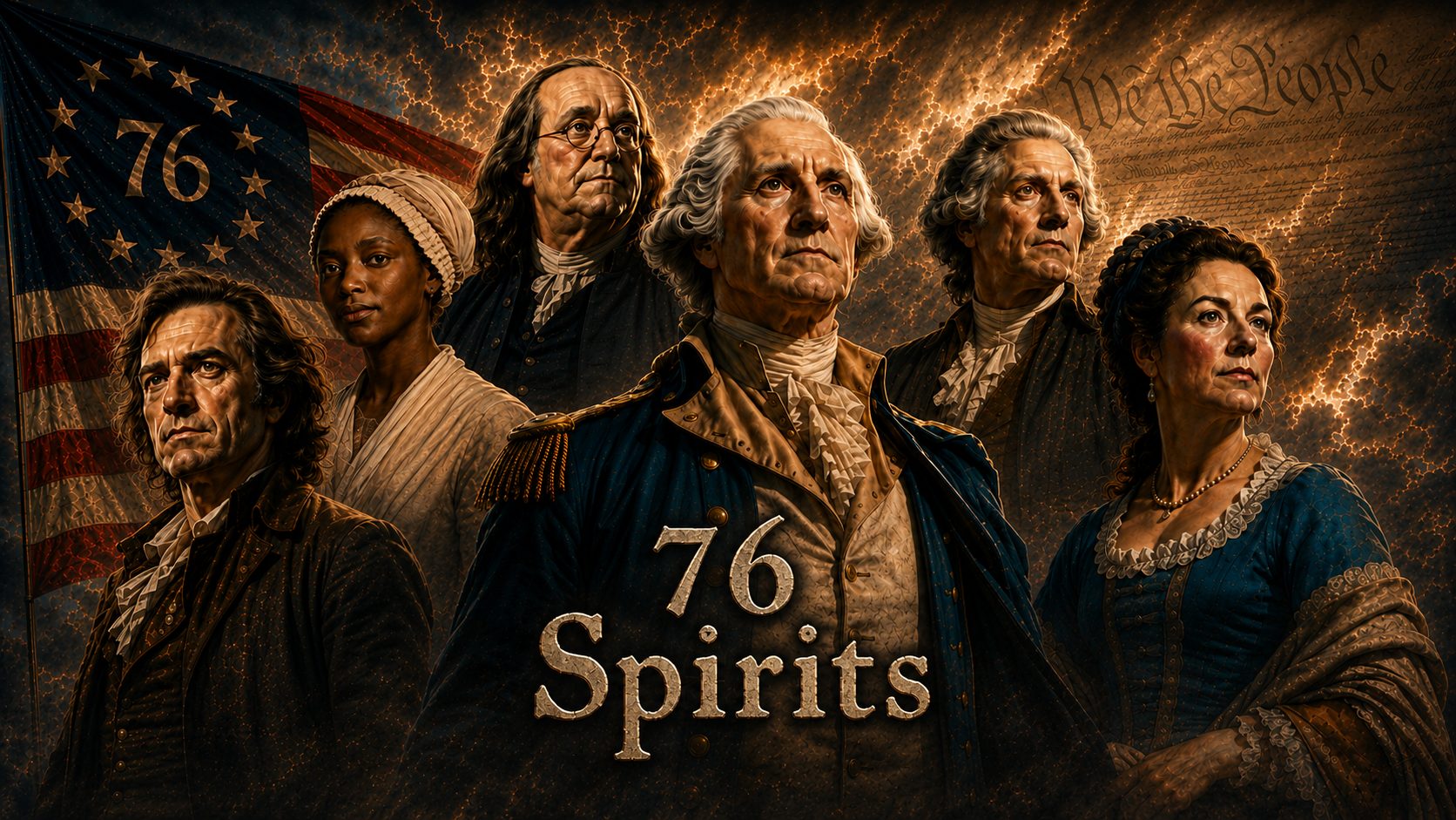 The 76 Spirits stand together beneath the We the People sky, over the 76 Spirits name