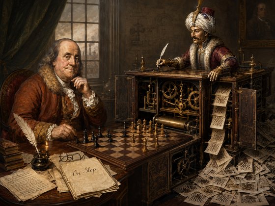 Paris, 1783. Kempelen's chess automaton in robes and turban beside its open cabinet, nothing inside but gears, printed sheets spilling across the floor. The plate dissolves to the same cabinet with a living chess master folded in among the gears, working the Turk's arm by candlelight.